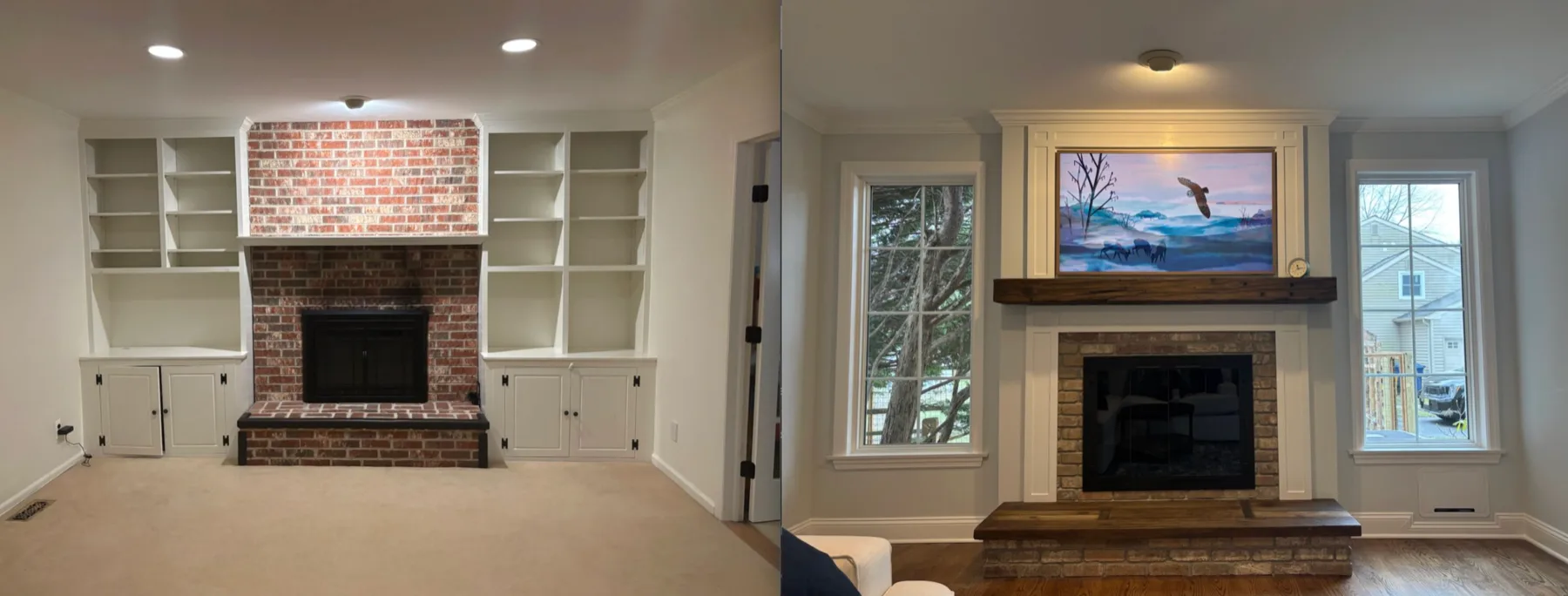 Before and after: a brick fireplace with built-ins, redesigned and rebuilt by Bowden's design and build team