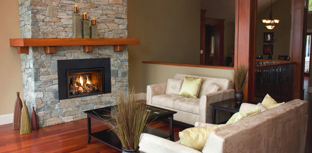 A custom fireplace surround designed and built by Bowden's