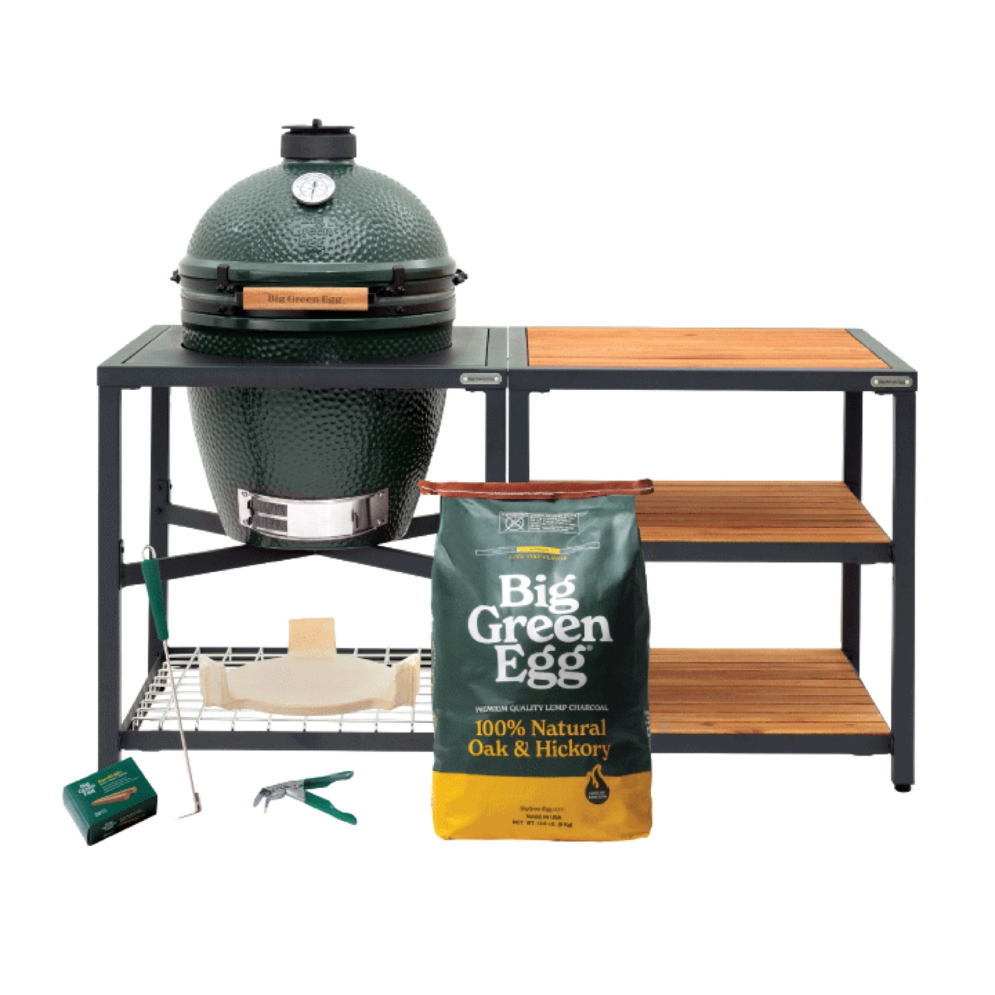 The Large Big Green Egg in Modular Nest with Expansion and 3 Acacia Inserts Package from Big Green Egg