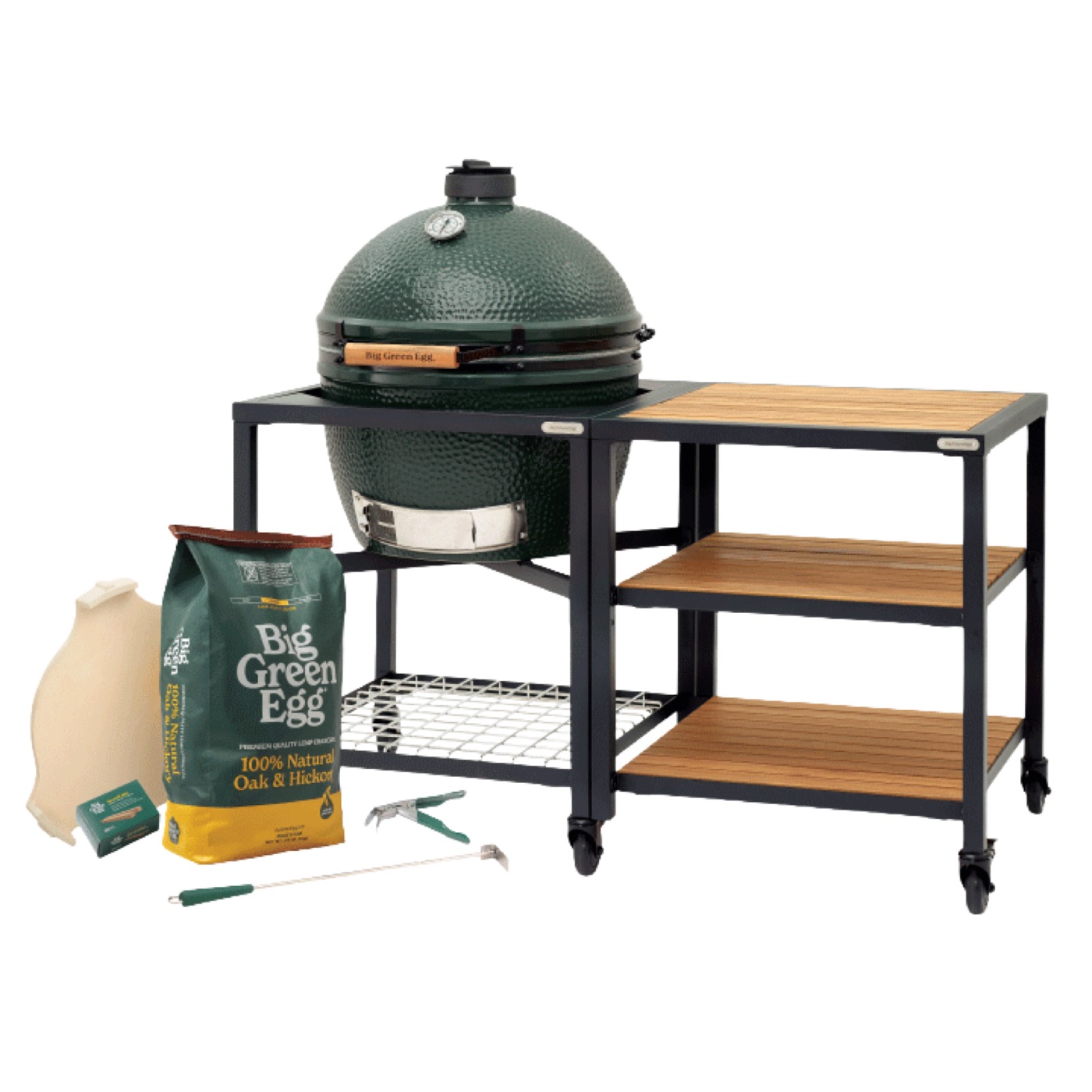 The XL Big Green Egg in Modular Nest with Expansion and 3 Acacia Inserts Package from Big Green Egg