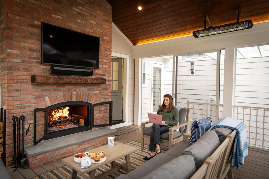 A Bromic Tungsten gas heater warming a covered porch