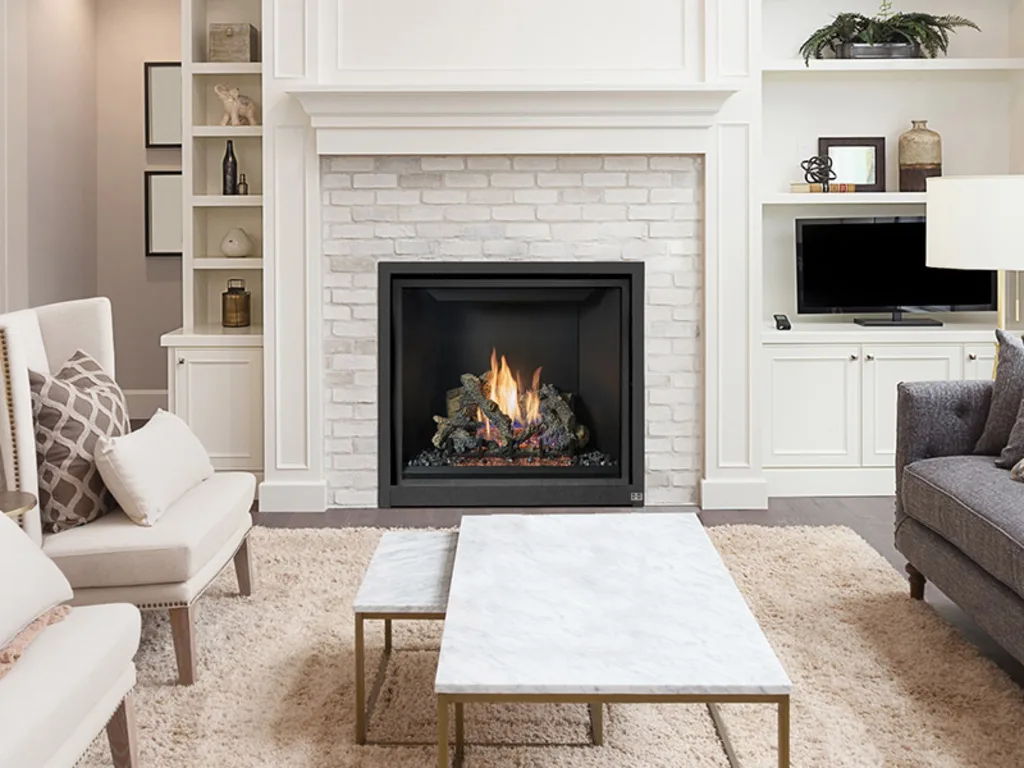 A modern gas fireplace in a bright living room