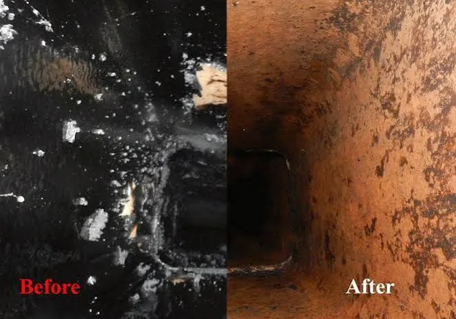 A before-and-after of a flue cleared of glazed creosote by the poultice process